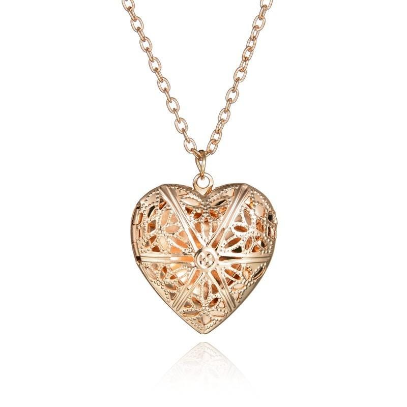 Hollow Heart Photo box Pendant Necklaces Fashion Jewelry Geometric Charm Necklace (Gold)