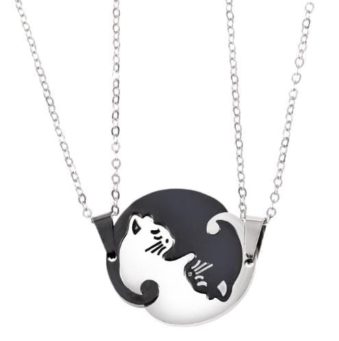 Couples Jewelry Necklaces Titanium Steel Animal Cat Pendants Necklace (White and Black Cat with Metal Chain)