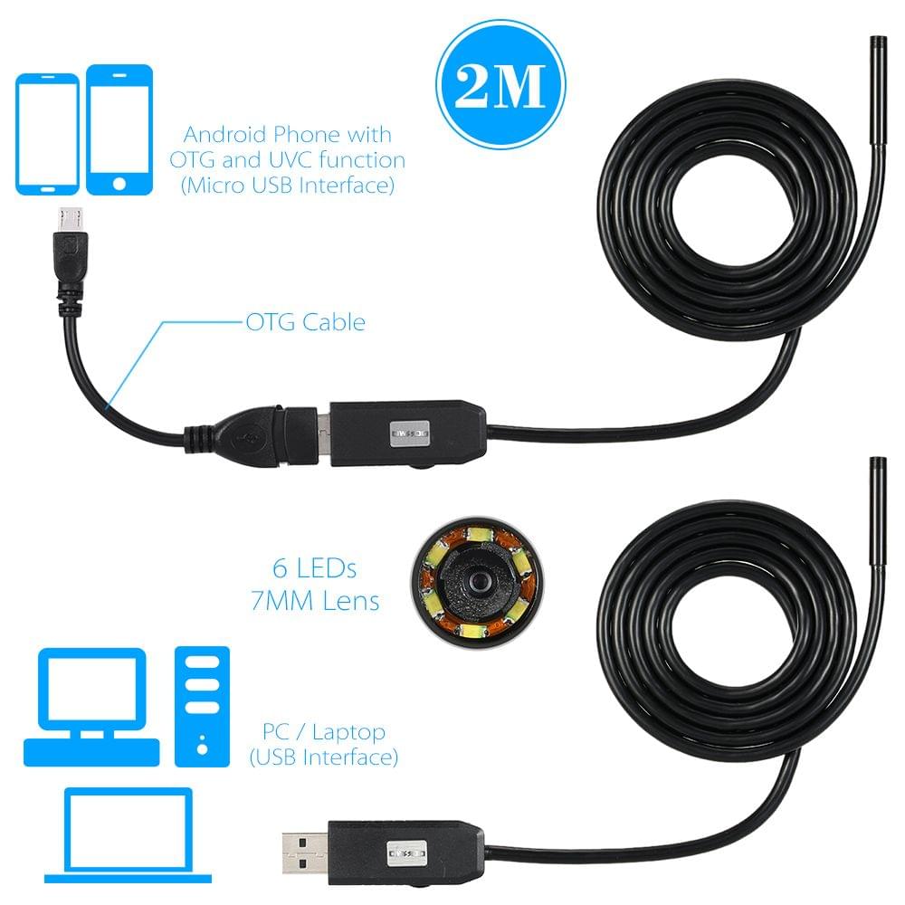 OWSOO 6 LED 7MM Lens Endoscope IP67 Waterproof Inspection - 2M