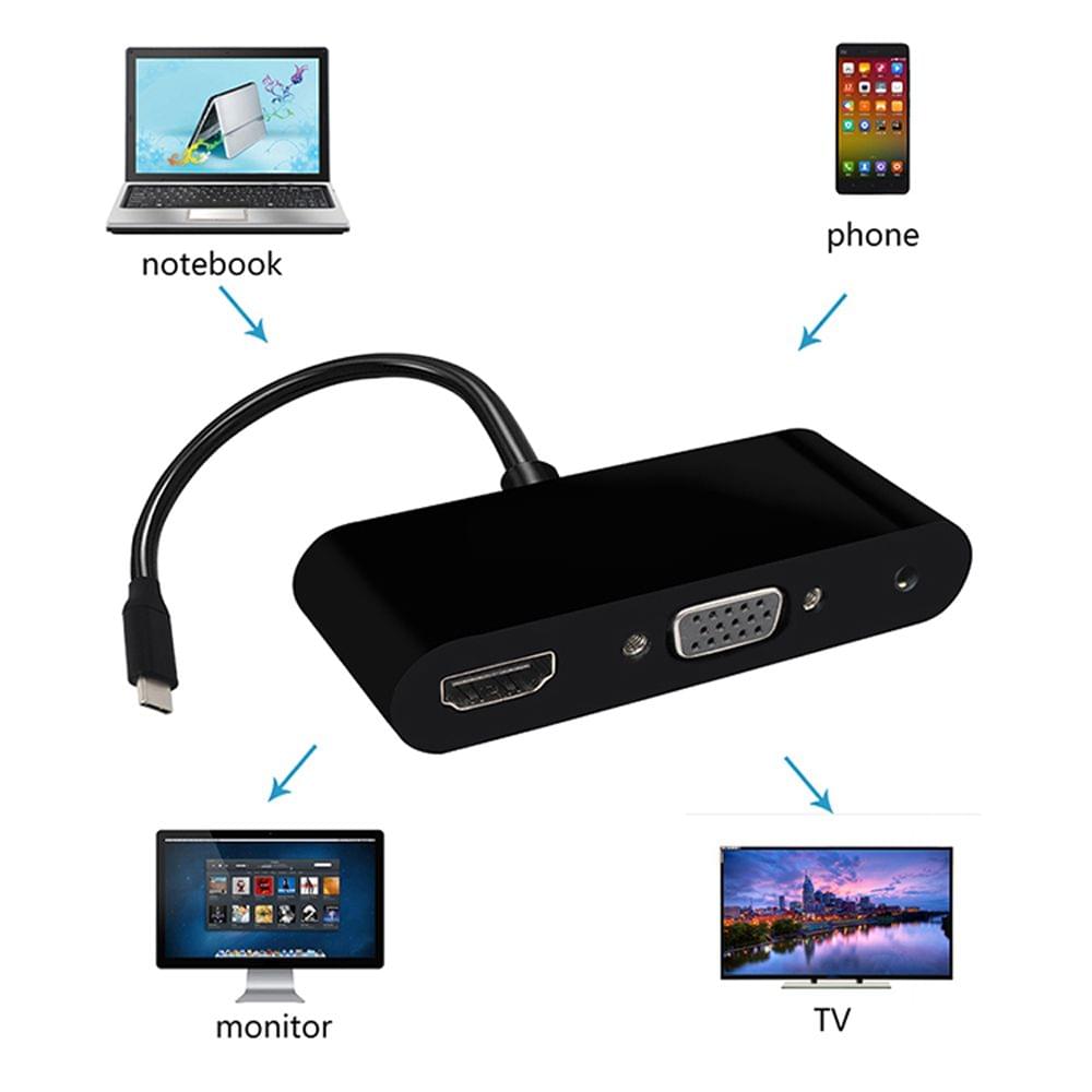 USB-C Type-C to HD VGA 3.5mm Audio 3 in 1 Converter Adapter