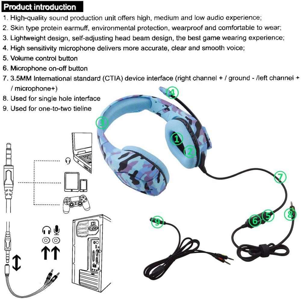 K1-B 3.5mm Gaming Headset Over Ear Headphones with