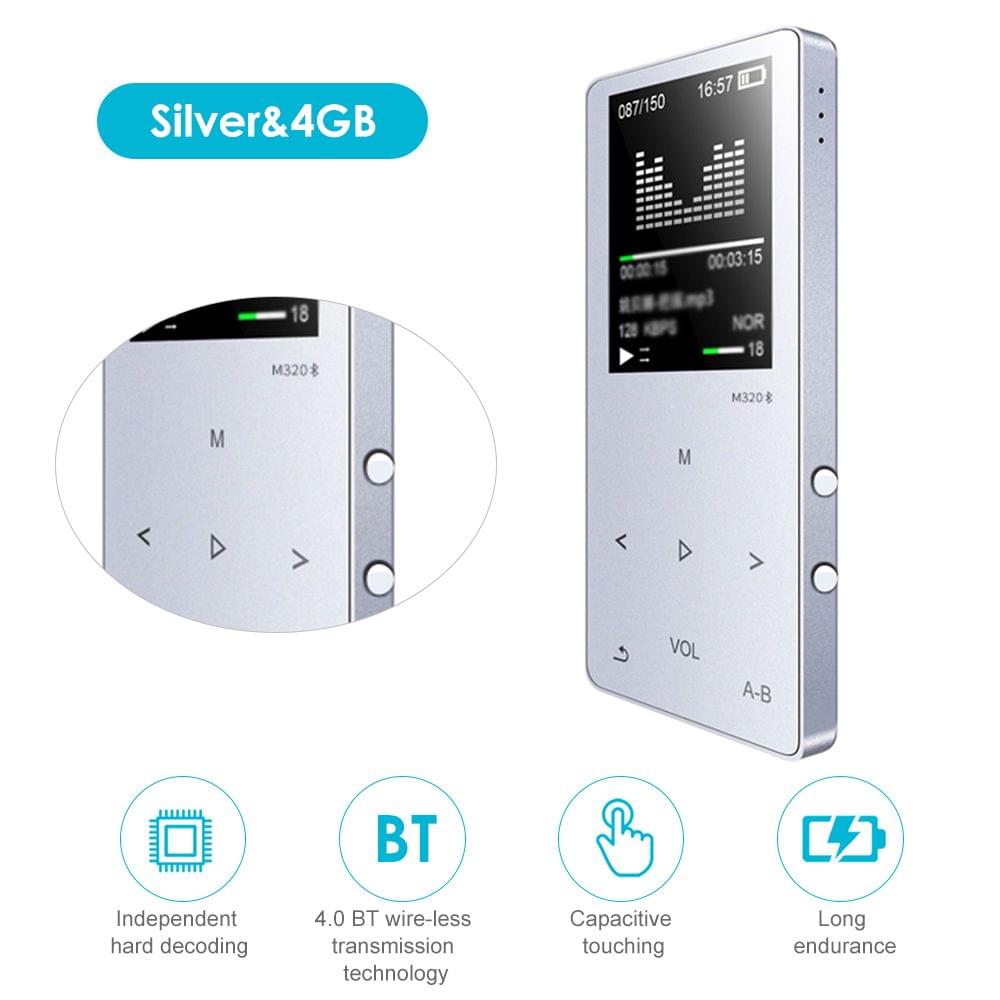M320 MP3 Player BT Metal Sport Mini Portable Audio 4G/8G - Silver&4GB