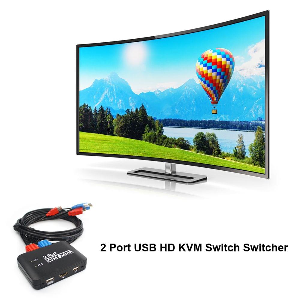2 Port USB HD KVM Switch Switcher with Cable for Dual