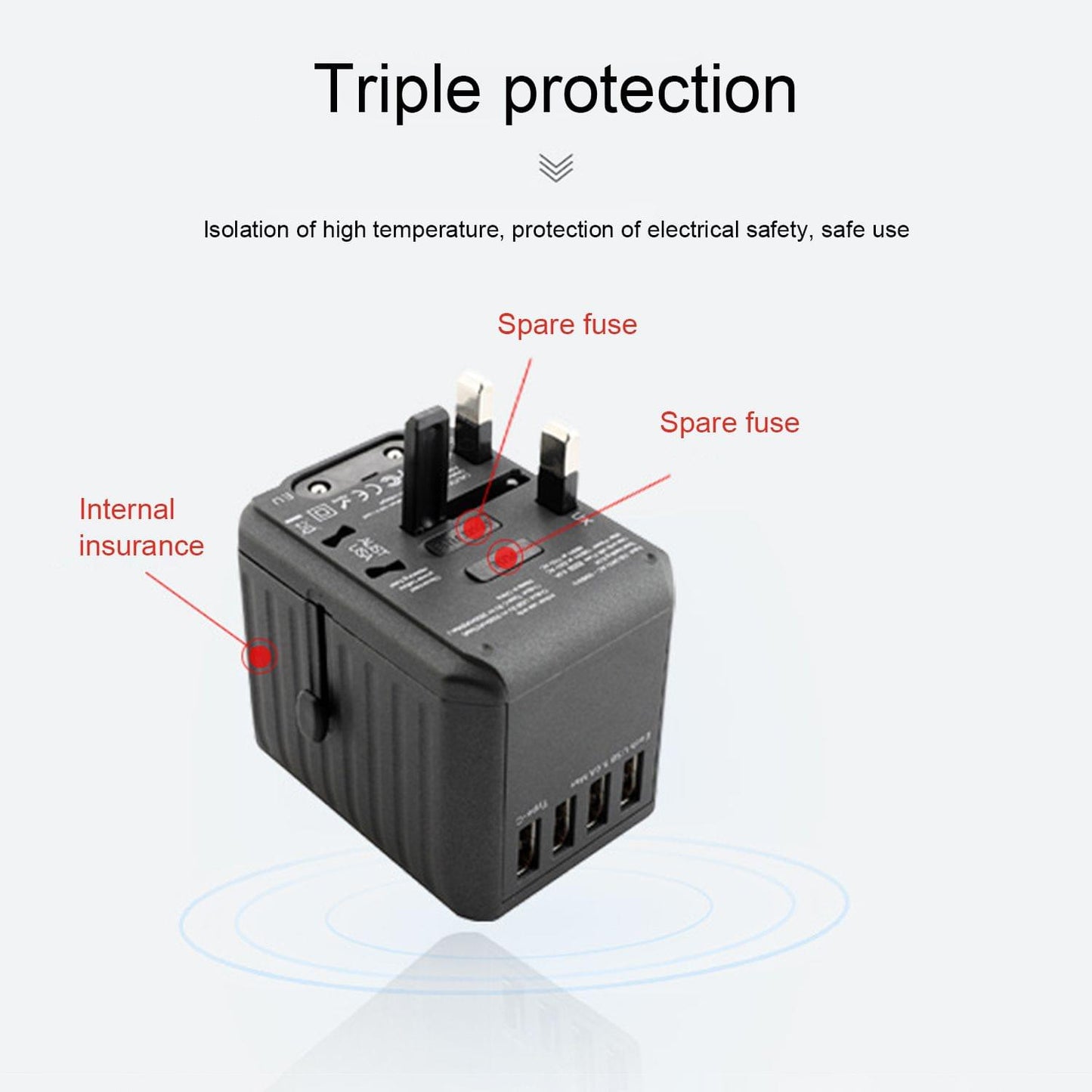 Universal Travel Adapter Auto Resetting Fuse Baby Safe - 4USB