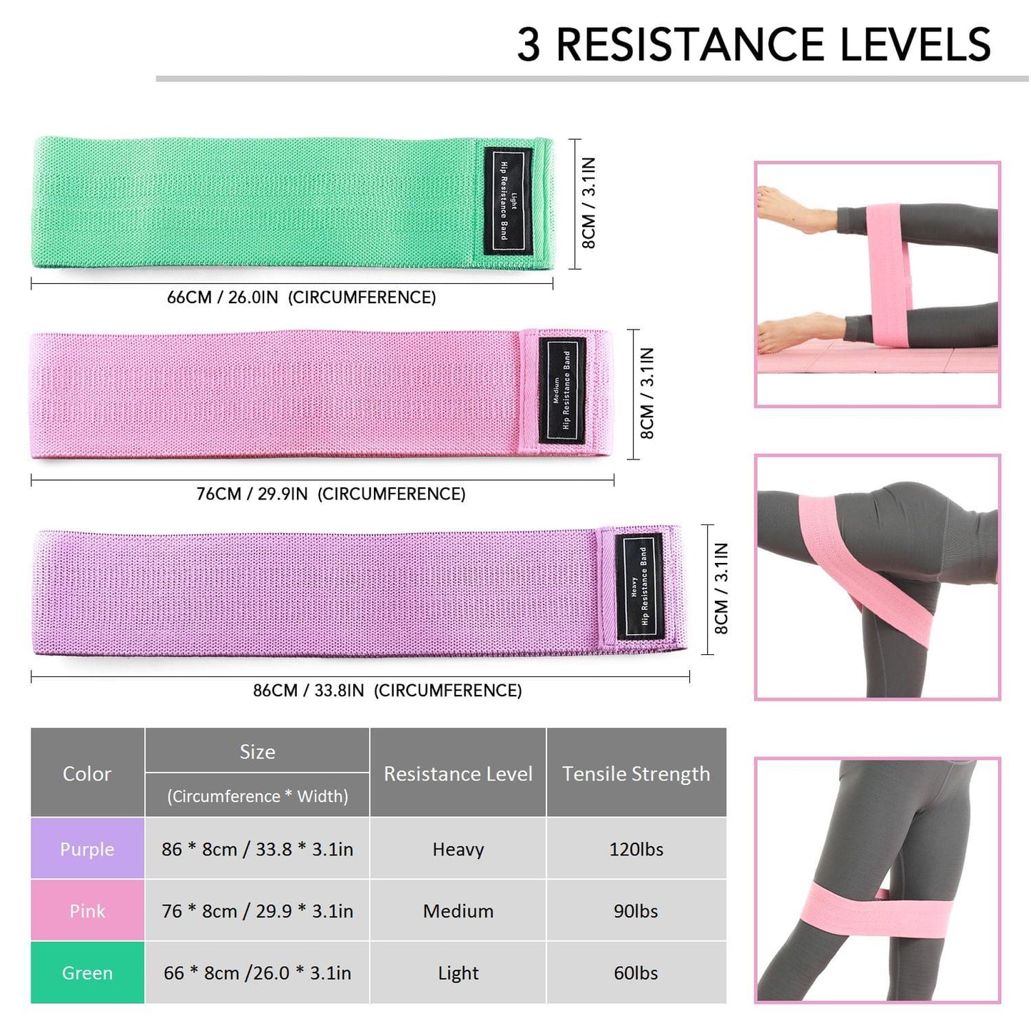 3pcs Booty Bands Fabric Resistance Glute Bands for Legs and