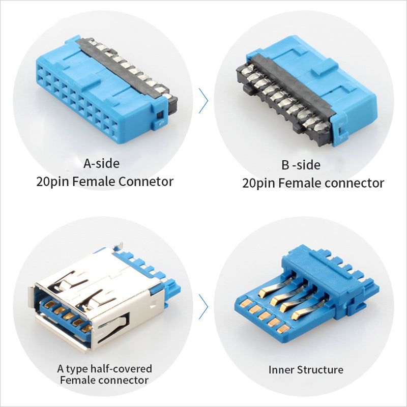 0.5m Dual 2 Port USB 3.0 A Female to 20-pin Female Adapter Connector Cable Motherboard Accessories (with 2 nuts) - Blue - UNIQKART