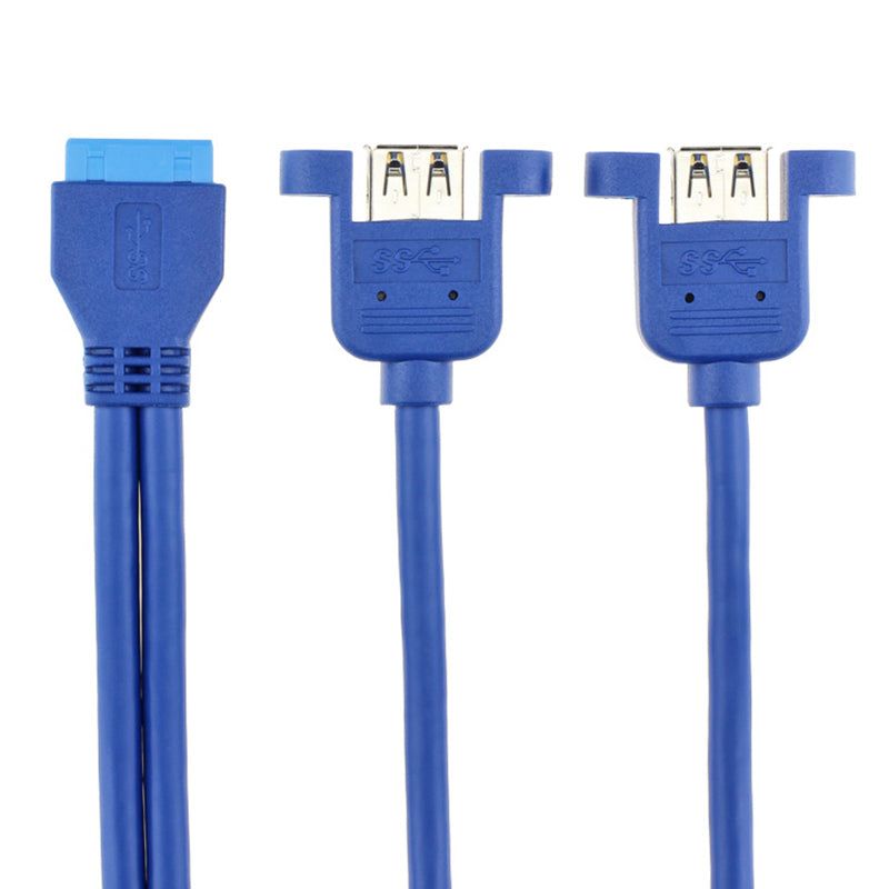 0.5m Dual 2 Port USB 3.0 A Female to 20-pin Female Adapter Connector Cable Motherboard Accessories (with 2 nuts) - Blue - UNIQKART