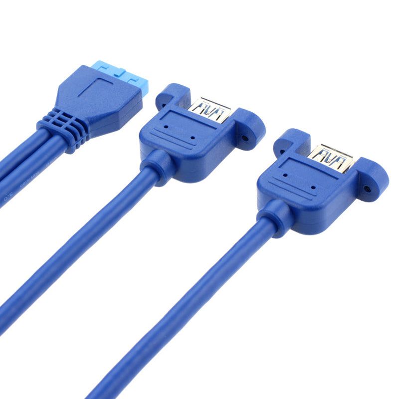 0.5m Dual 2 Port USB 3.0 A Female to 20-pin Female Adapter Connector Cable Motherboard Accessories (with 2 nuts) - Blue - UNIQKART