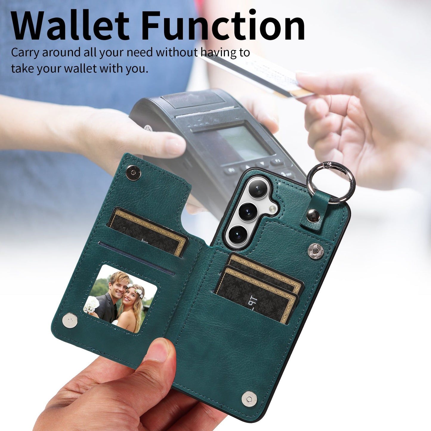 003 For Samsung Galaxy S24 Case Litchi Texture PU Leather Phone Cover with Ring Buckle - Blue Green - UNIQKART