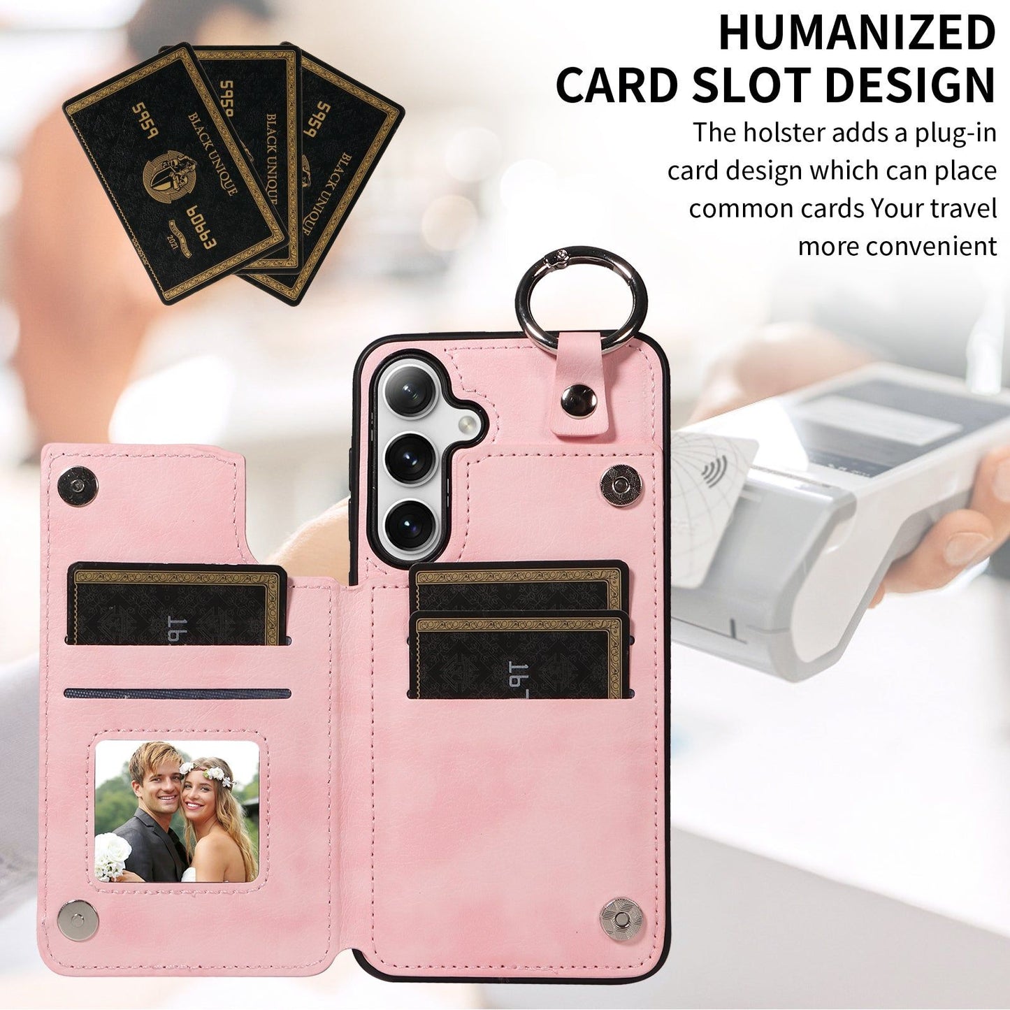 003 For Samsung Galaxy S24 Case Litchi Texture PU Leather Phone Cover with Ring Buckle - Pink - UNIQKART