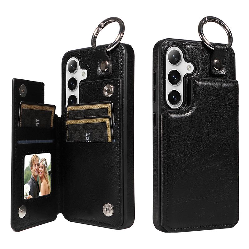 003 For Samsung Galaxy S24+ Magnetic Case Leather Litchi Texture Phone Shell with Hanging Ring - Black - UNIQKART