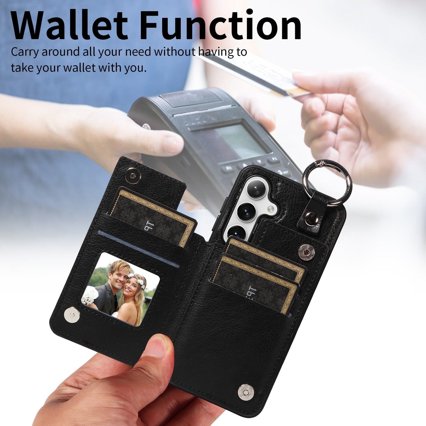 003 For Samsung Galaxy S24+ Magnetic Case Leather Litchi Texture Phone Shell with Hanging Ring - Black - UNIQKART