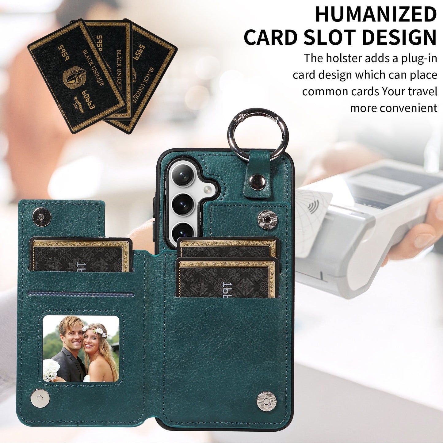 003 For Samsung Galaxy S24+ Magnetic Case Leather Litchi Texture Phone Shell with Hanging Ring - Blue Green - UNIQKART