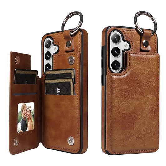 003 For Samsung Galaxy S24+ Magnetic Case Leather Litchi Texture Phone Shell with Hanging Ring - Brown - UNIQKART