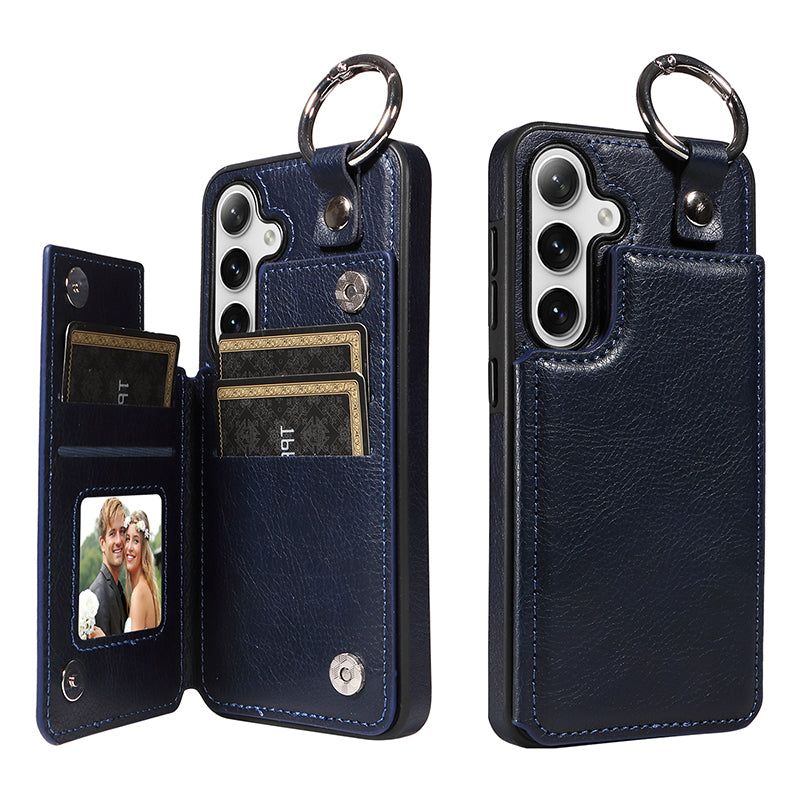 003 For Samsung Galaxy S24+ Magnetic Case Leather Litchi Texture Phone Shell with Hanging Ring - Navy Blue - UNIQKART