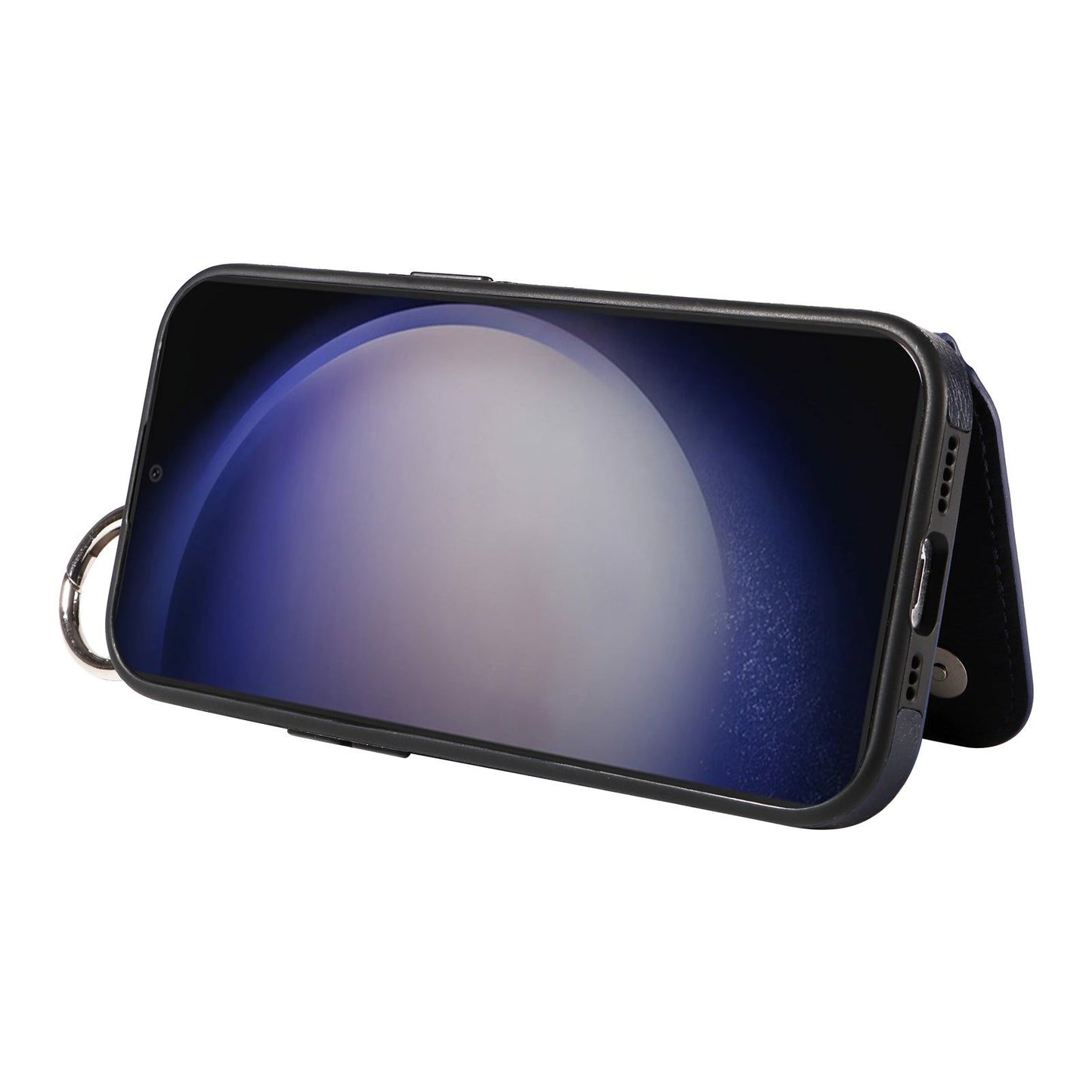 003 For Samsung Galaxy S24+ Magnetic Case Leather Litchi Texture Phone Shell with Hanging Ring - Navy Blue - UNIQKART