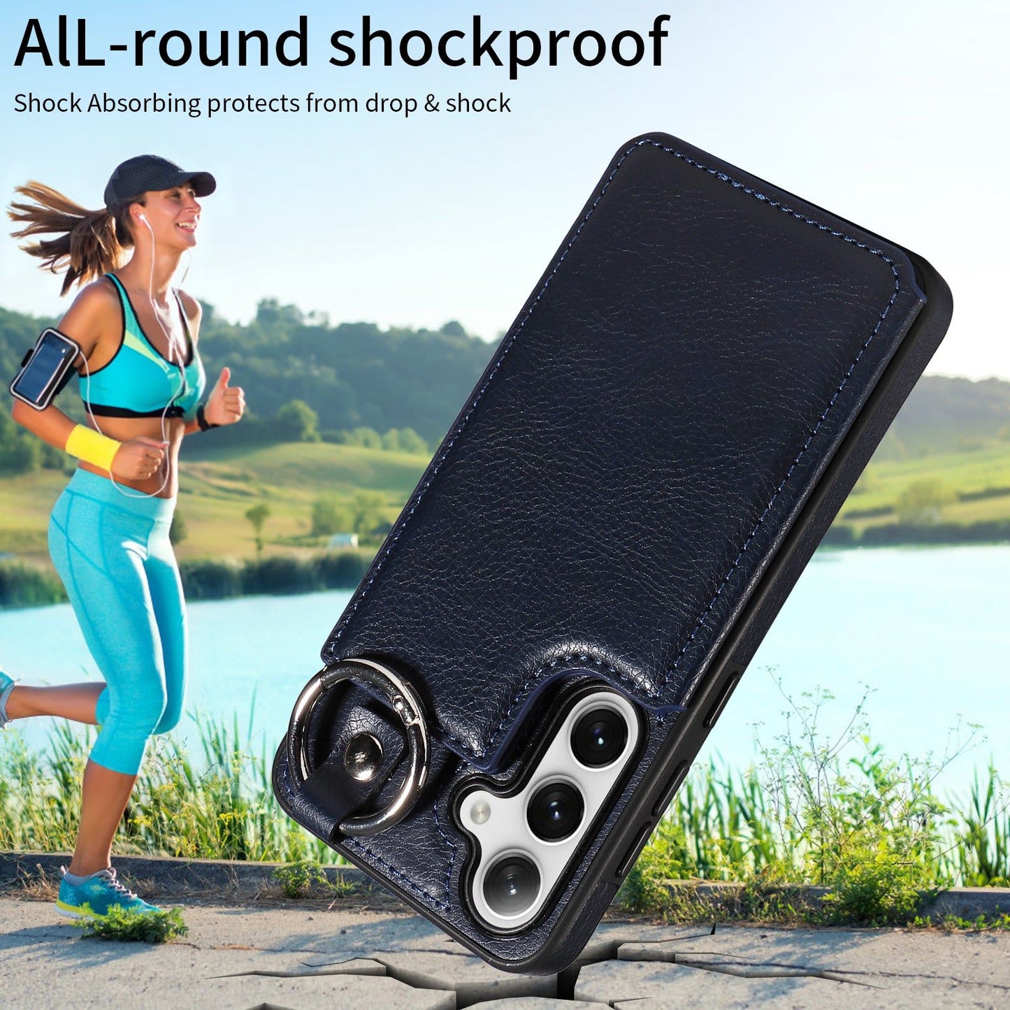 003 For Samsung Galaxy S24+ Magnetic Case Leather Litchi Texture Phone Shell with Hanging Ring - Navy Blue - UNIQKART