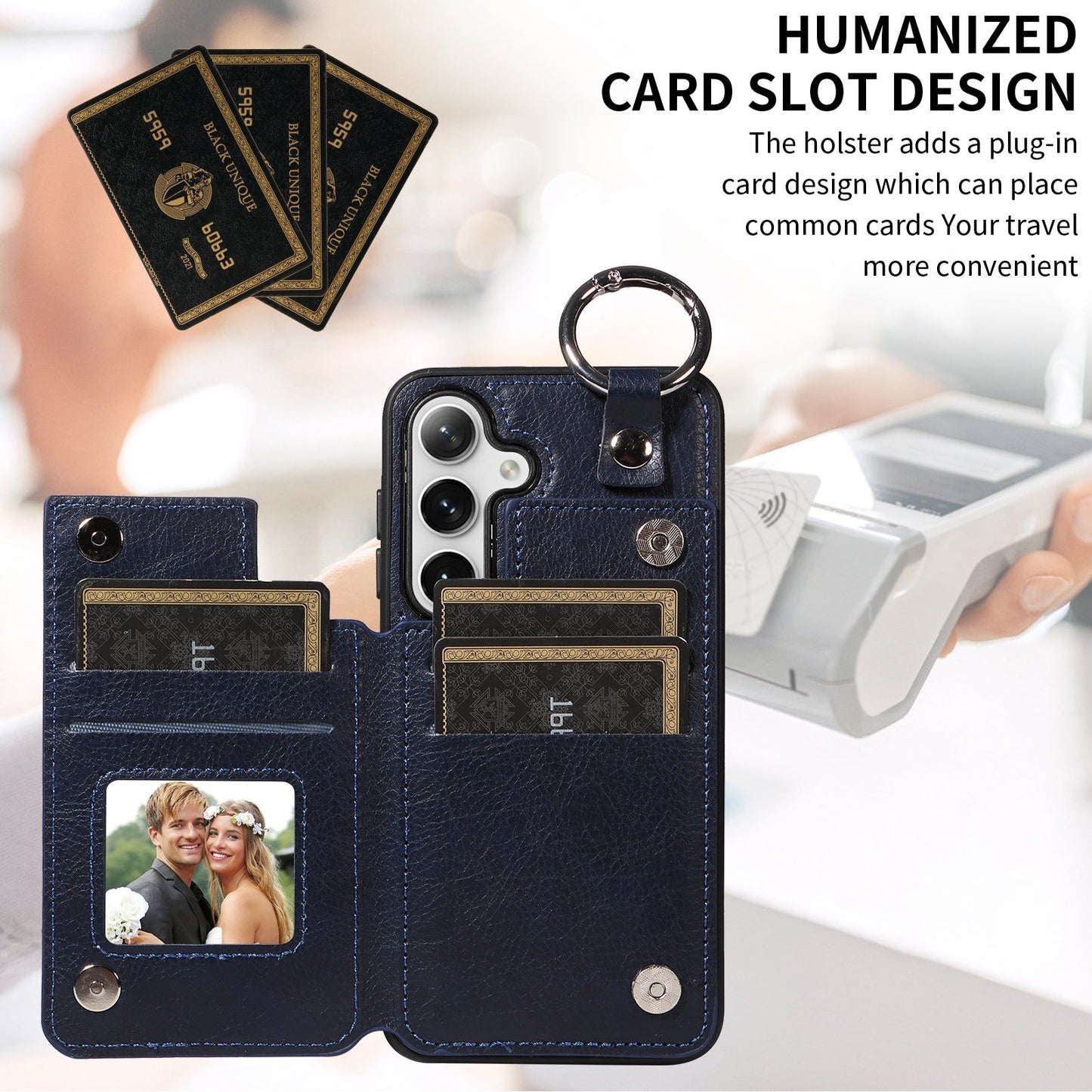 003 For Samsung Galaxy S24+ Magnetic Case Leather Litchi Texture Phone Shell with Hanging Ring - Navy Blue - UNIQKART