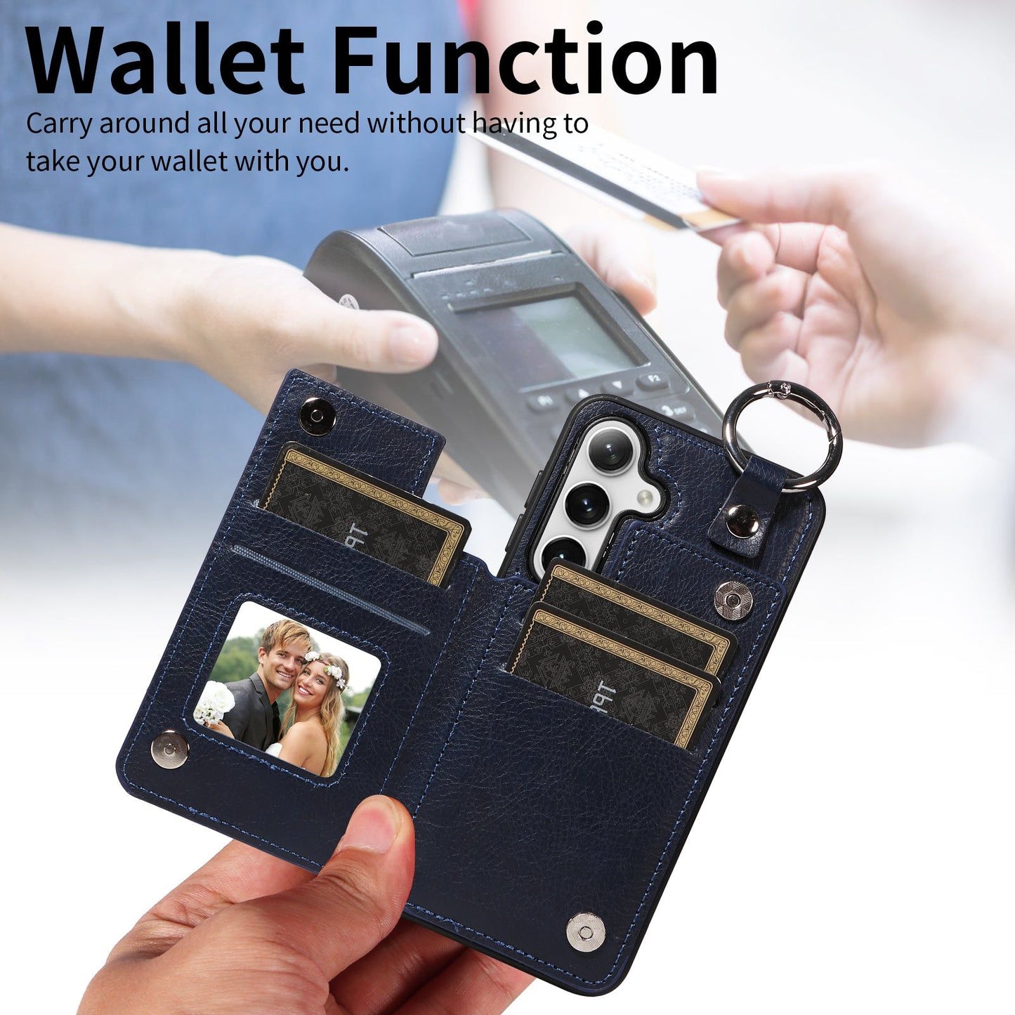 003 For Samsung Galaxy S24+ Magnetic Case Leather Litchi Texture Phone Shell with Hanging Ring - Navy Blue - UNIQKART