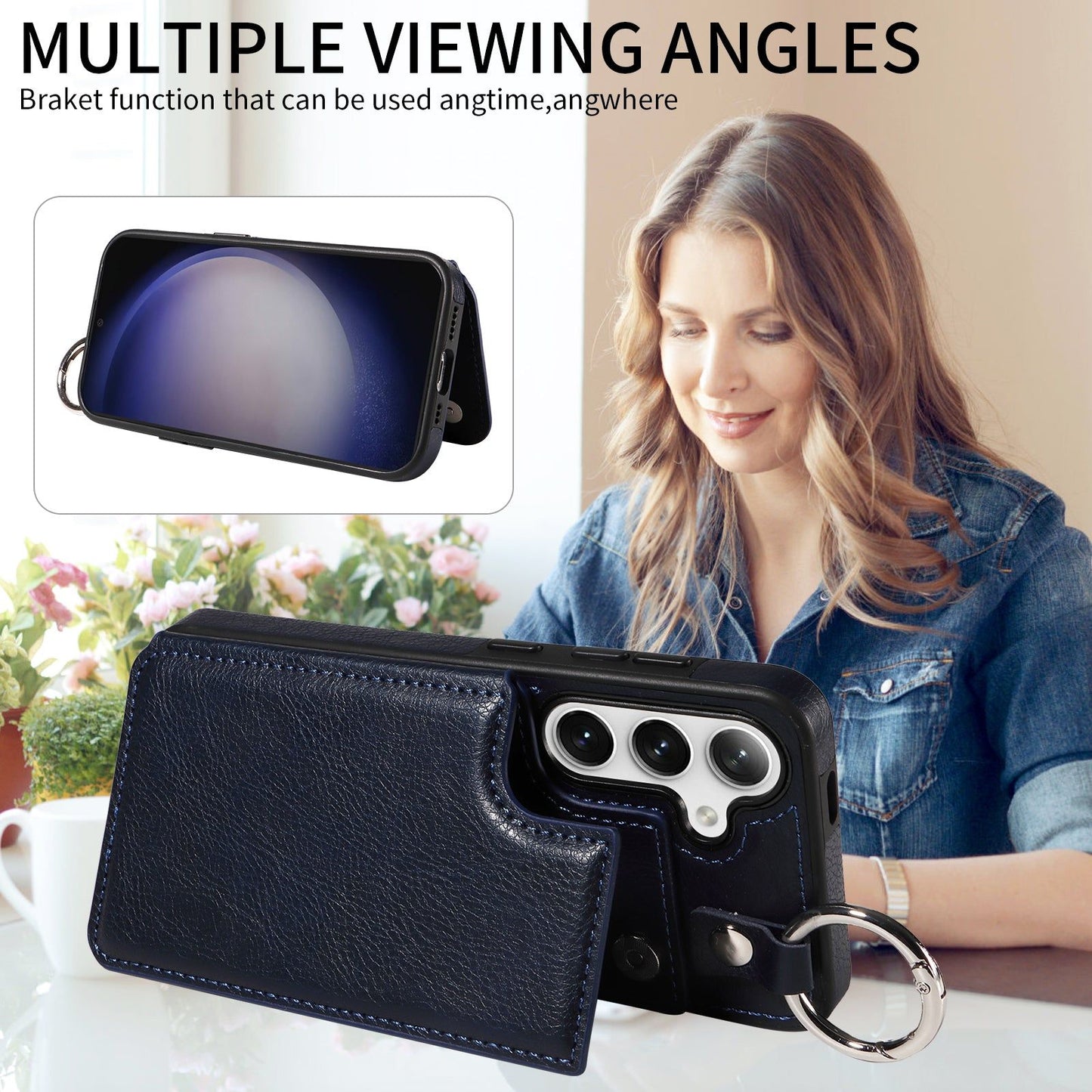 003 For Samsung Galaxy S24+ Magnetic Case Leather Litchi Texture Phone Shell with Hanging Ring - Navy Blue - UNIQKART