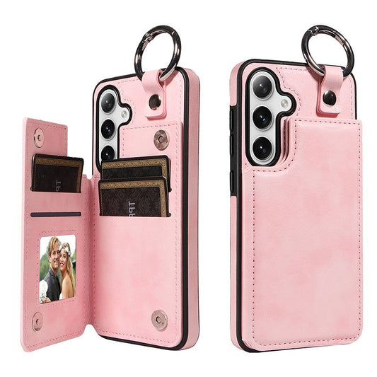 003 For Samsung Galaxy S24+ Magnetic Case Leather Litchi Texture Phone Shell with Hanging Ring - Pink - UNIQKART