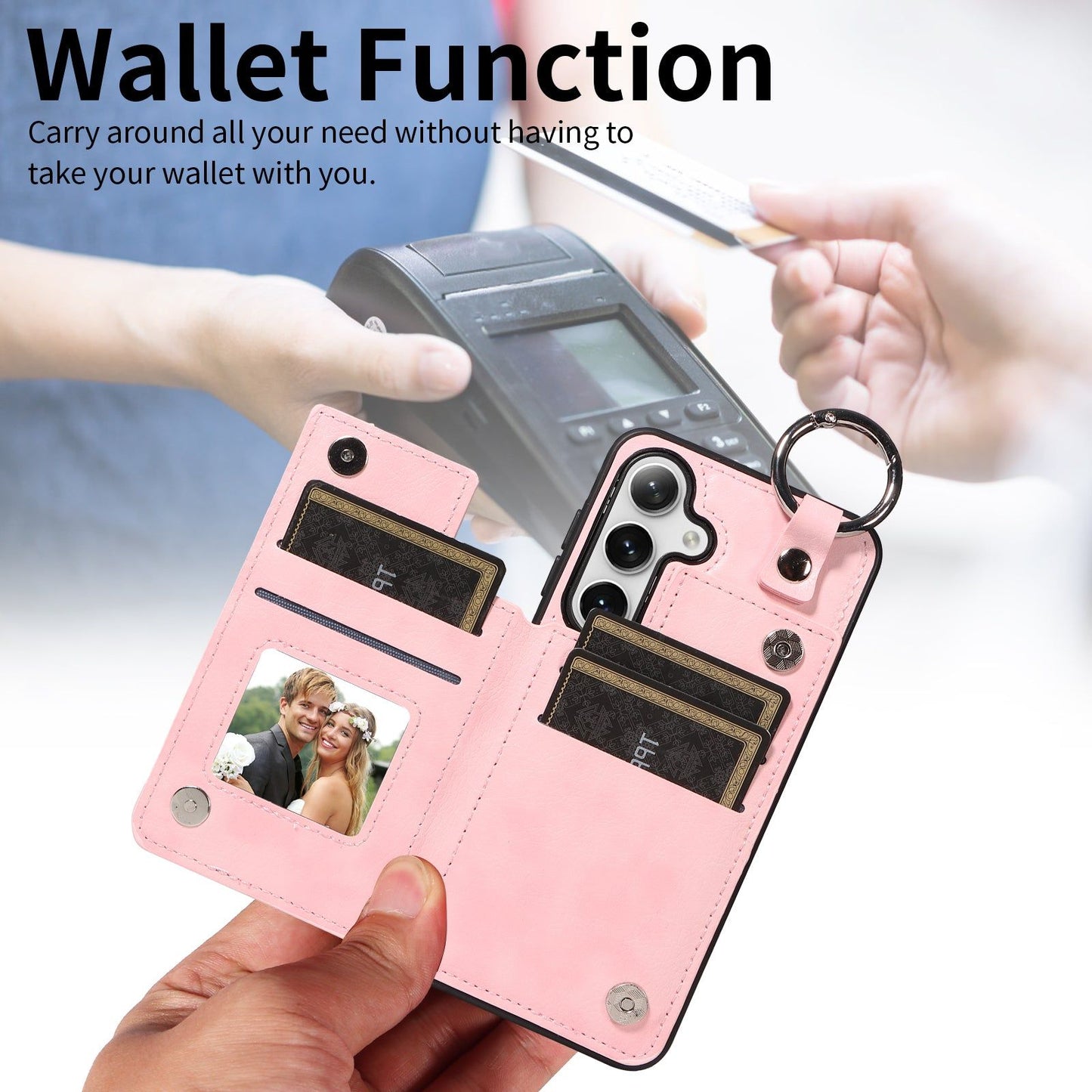003 For Samsung Galaxy S24+ Magnetic Case Leather Litchi Texture Phone Shell with Hanging Ring - Pink - UNIQKART