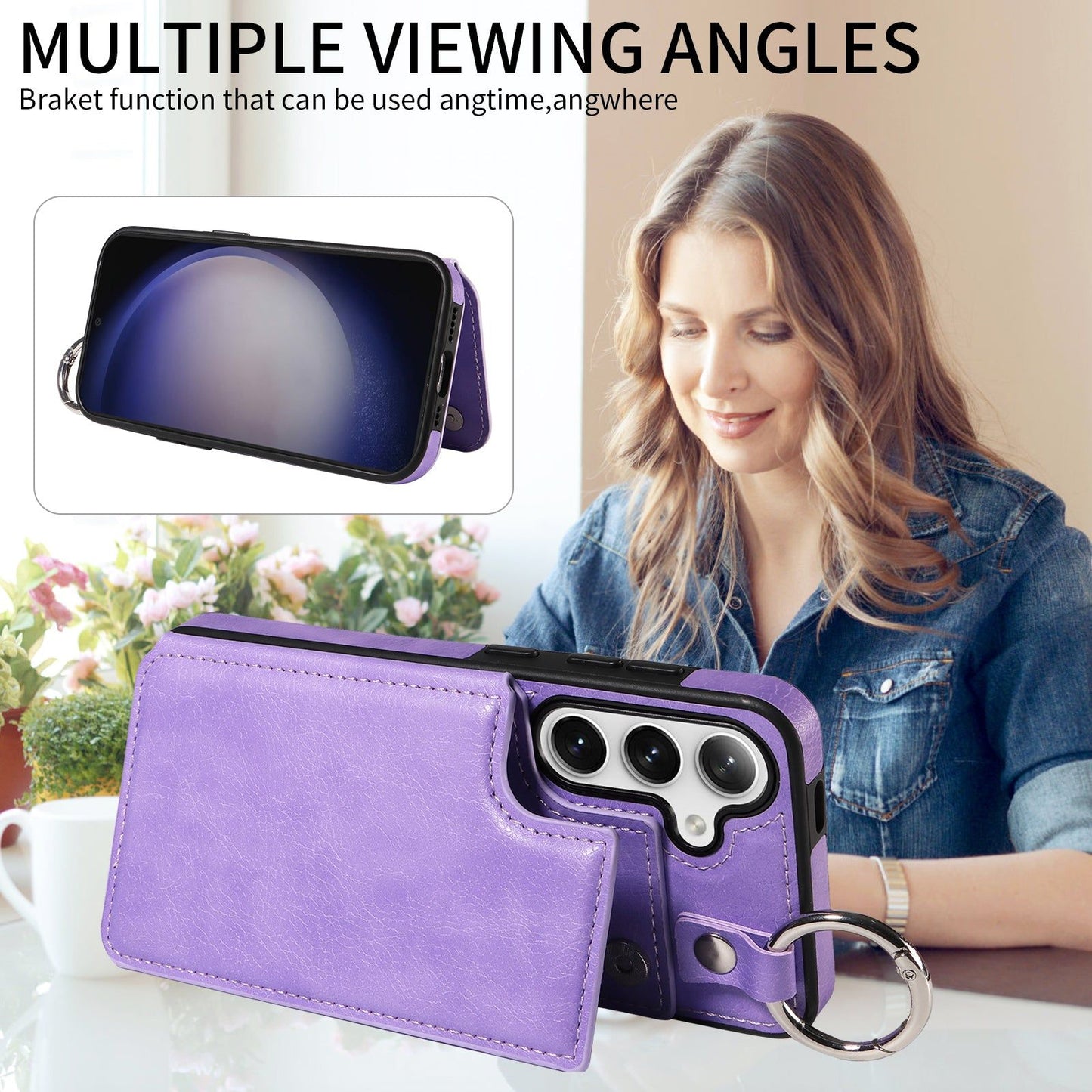 003 For Samsung Galaxy S24+ Magnetic Case Leather Litchi Texture Phone Shell with Hanging Ring - Purple - UNIQKART