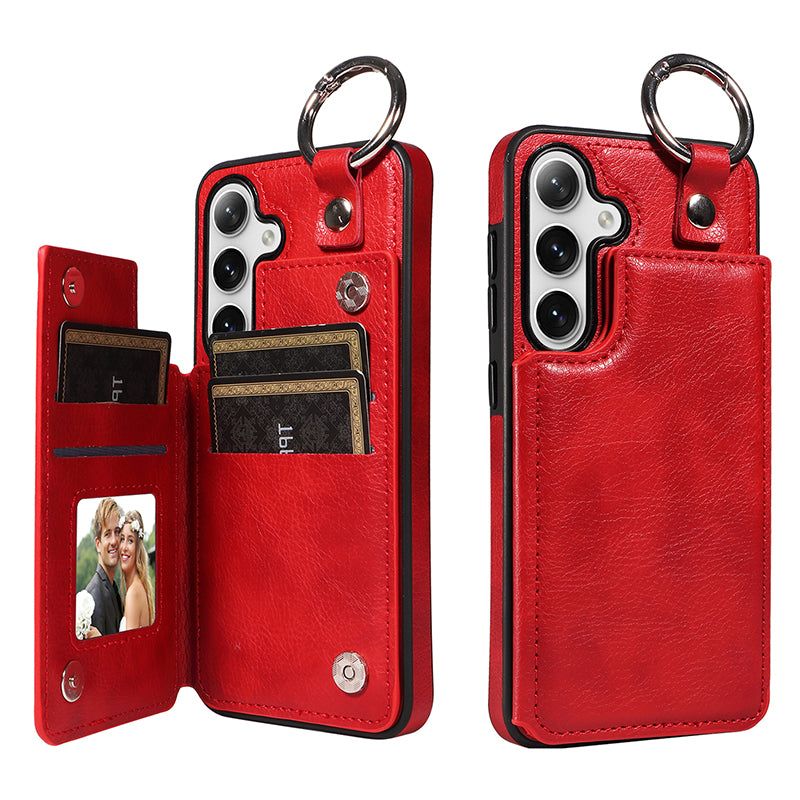 003 For Samsung Galaxy S24+ Magnetic Case Leather Litchi Texture Phone Shell with Hanging Ring - Red - UNIQKART