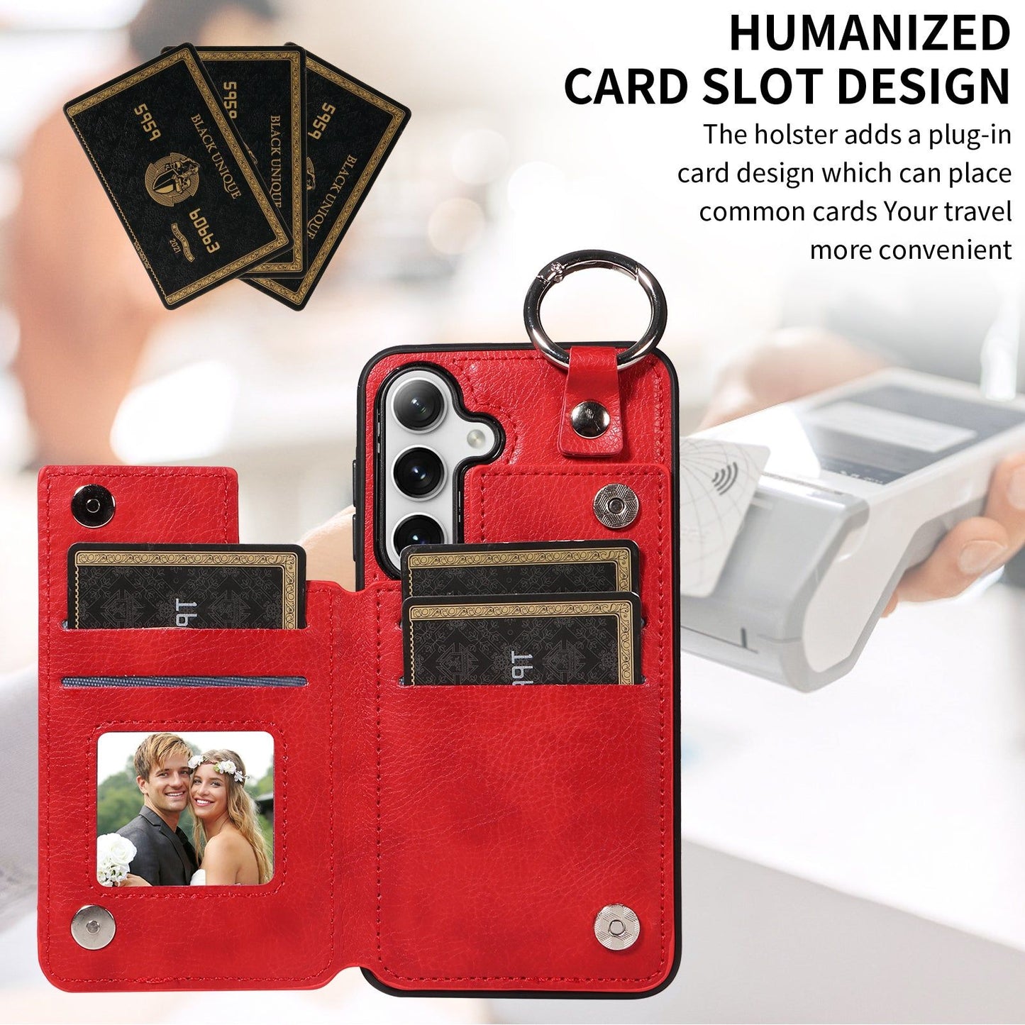 003 For Samsung Galaxy S24+ Magnetic Case Leather Litchi Texture Phone Shell with Hanging Ring - Red - UNIQKART