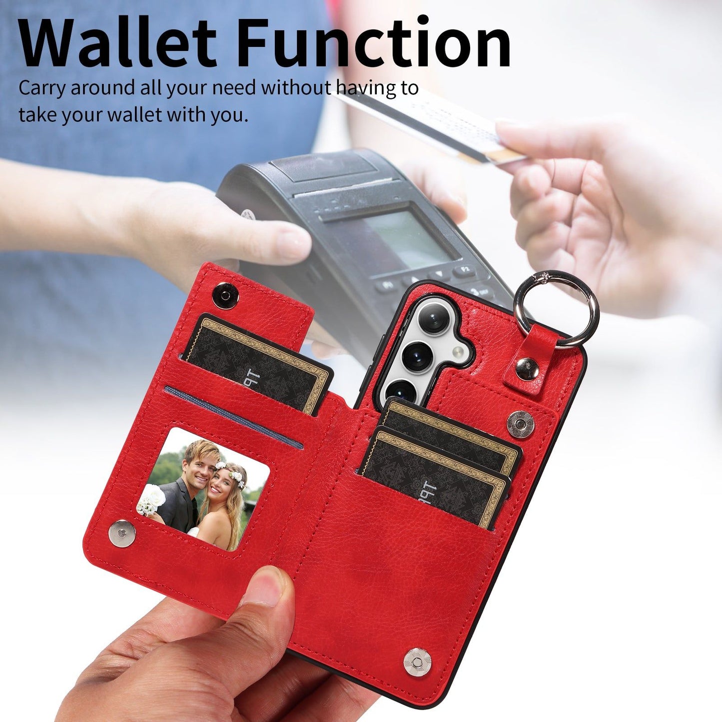 003 For Samsung Galaxy S24+ Magnetic Case Leather Litchi Texture Phone Shell with Hanging Ring - Red - UNIQKART