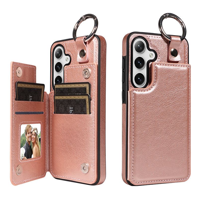 003 For Samsung Galaxy S24+ Magnetic Case Leather Litchi Texture Phone Shell with Hanging Ring - Rose Gold - UNIQKART
