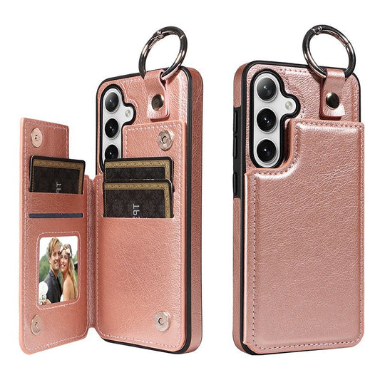 003 For Samsung Galaxy S24+ Magnetic Case Leather Litchi Texture Phone Shell with Hanging Ring - Rose Gold - UNIQKART