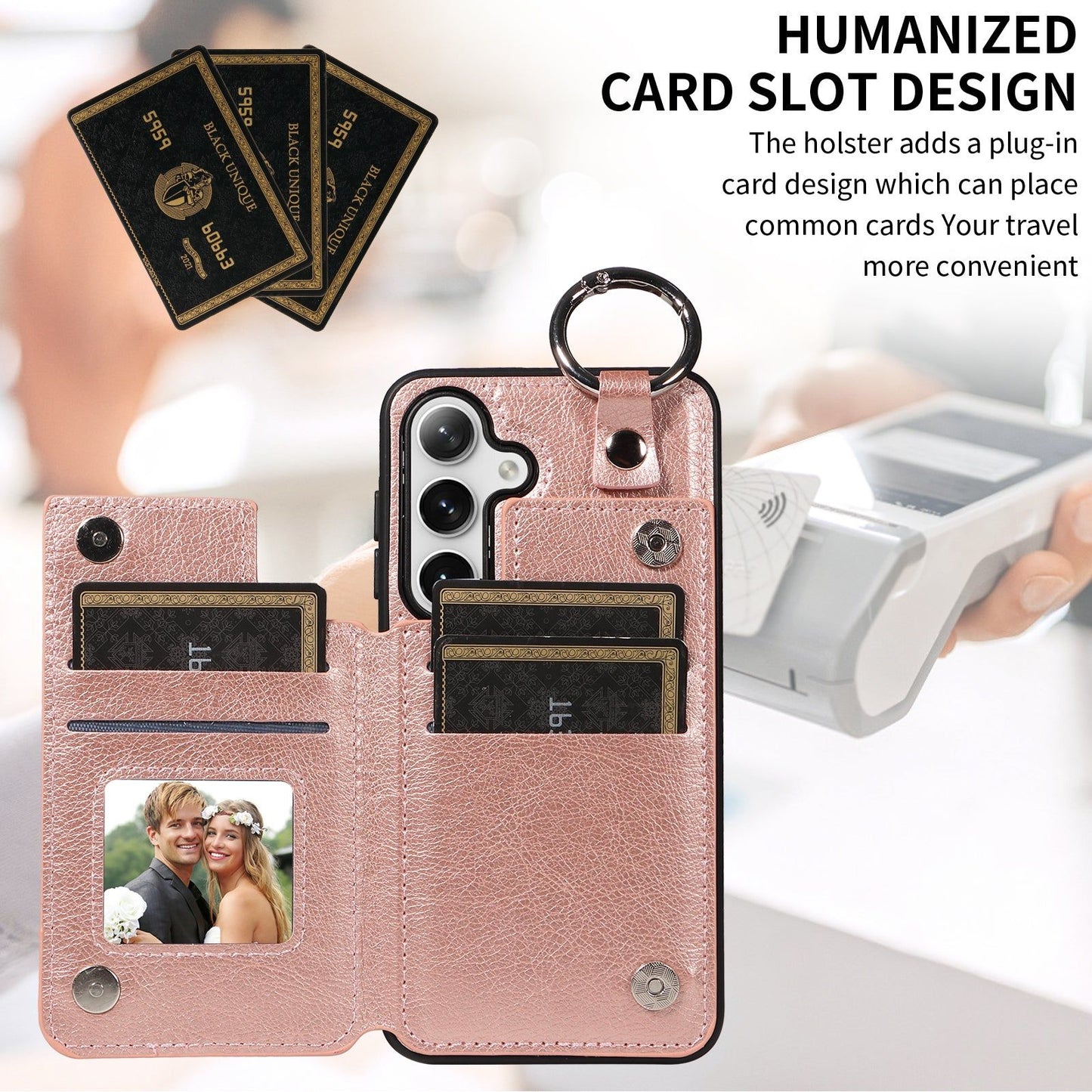 003 For Samsung Galaxy S24+ Magnetic Case Leather Litchi Texture Phone Shell with Hanging Ring - Rose Gold - UNIQKART