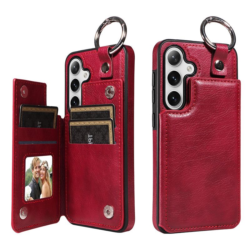 003 For Samsung Galaxy S24+ Magnetic Case Leather Litchi Texture Phone Shell with Hanging Ring - Wine Red - UNIQKART
