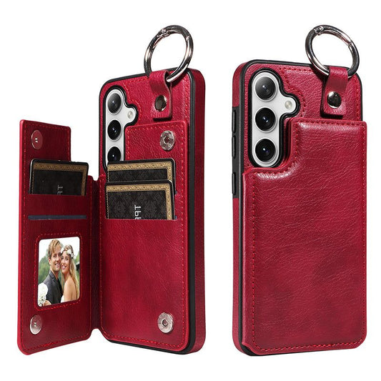 003 For Samsung Galaxy S24+ Magnetic Case Leather Litchi Texture Phone Shell with Hanging Ring - Wine Red - UNIQKART
