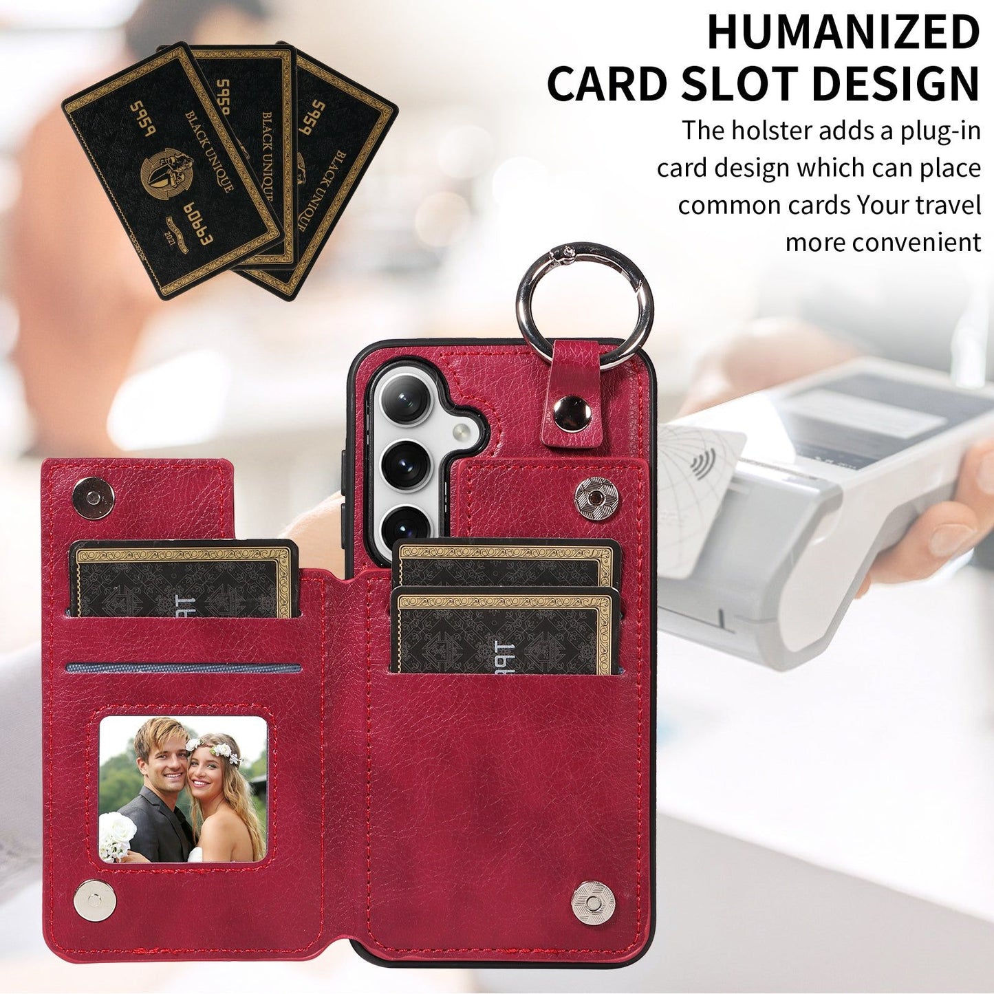 003 For Samsung Galaxy S24+ Magnetic Case Leather Litchi Texture Phone Shell with Hanging Ring - Wine Red - UNIQKART