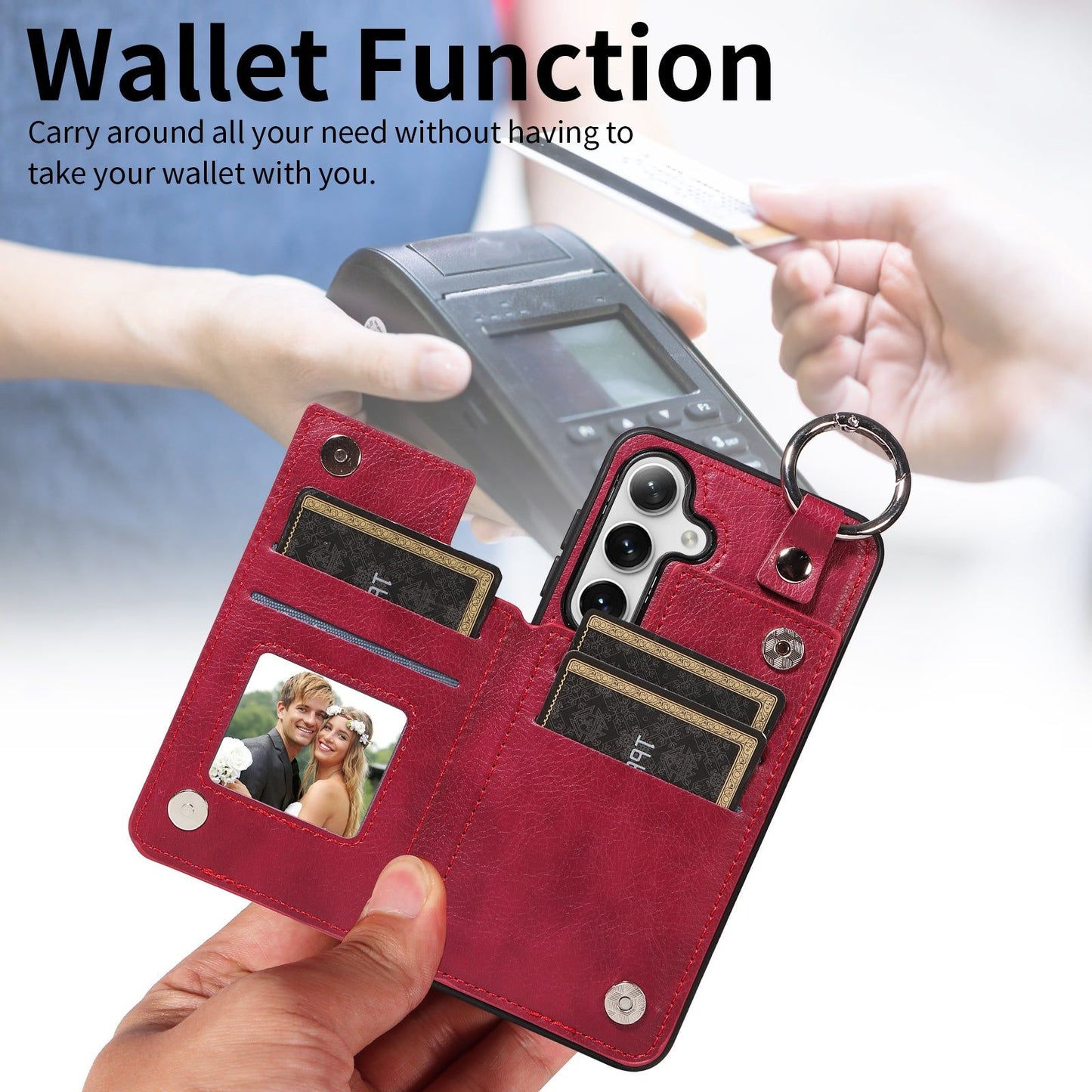 003 For Samsung Galaxy S24+ Magnetic Case Leather Litchi Texture Phone Shell with Hanging Ring - Wine Red - UNIQKART