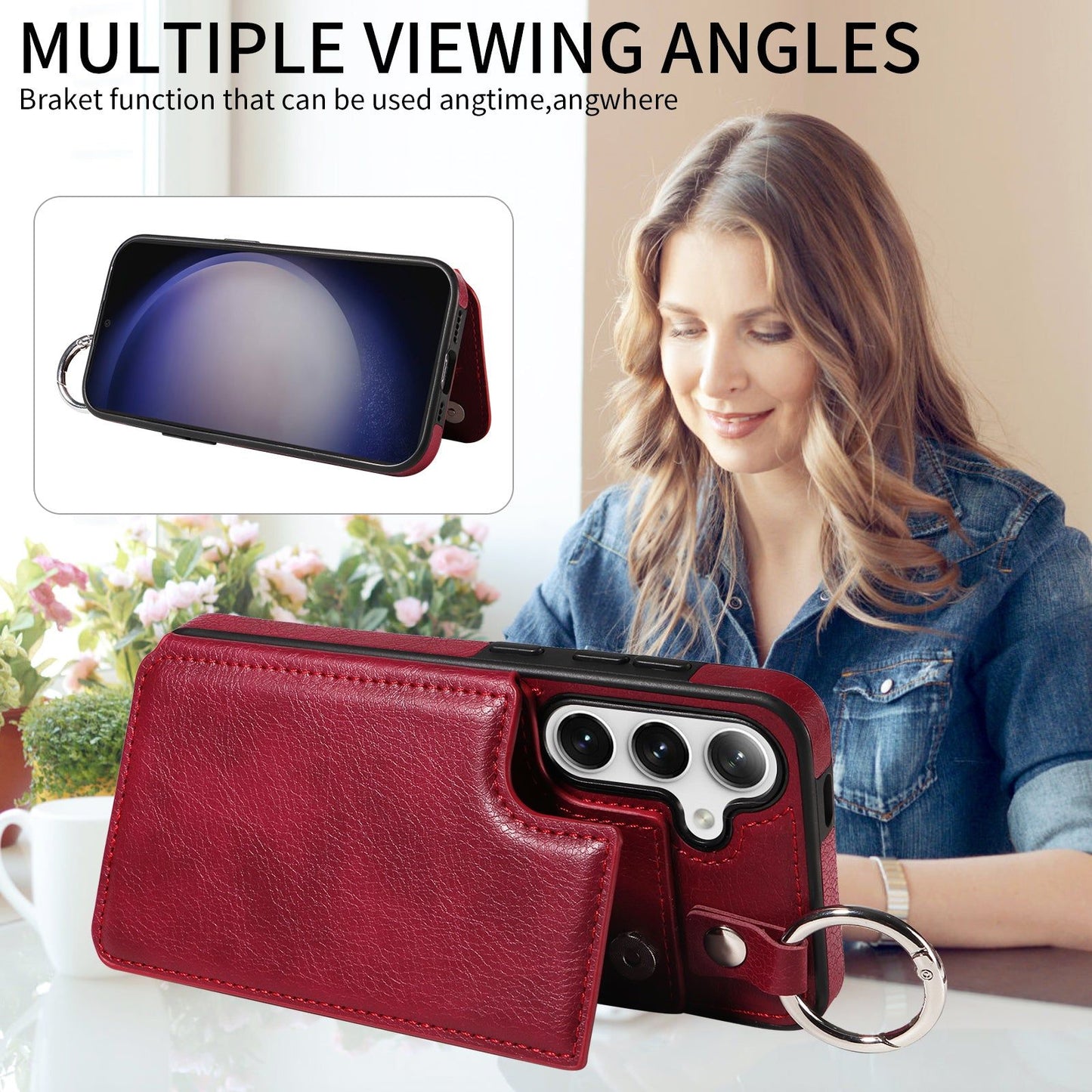 003 For Samsung Galaxy S24+ Magnetic Case Leather Litchi Texture Phone Shell with Hanging Ring - Wine Red - UNIQKART