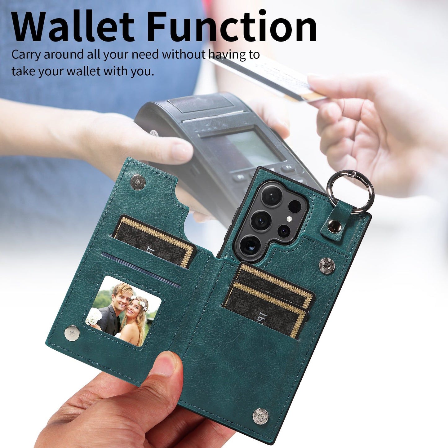 003 For Samsung Galaxy S24 Ultra Case Leather+TPU Phone Cover with Card Holder - Blue Green - UNIQKART