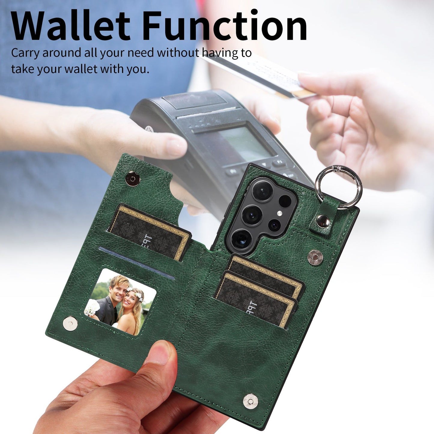 003 For Samsung Galaxy S24 Ultra Case Leather+TPU Phone Cover with Card Holder - Green - UNIQKART