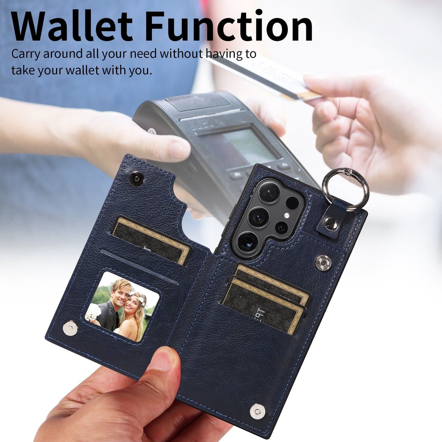 003 For Samsung Galaxy S24 Ultra Case Leather+TPU Phone Cover with Card Holder - Navy Blue - UNIQKART