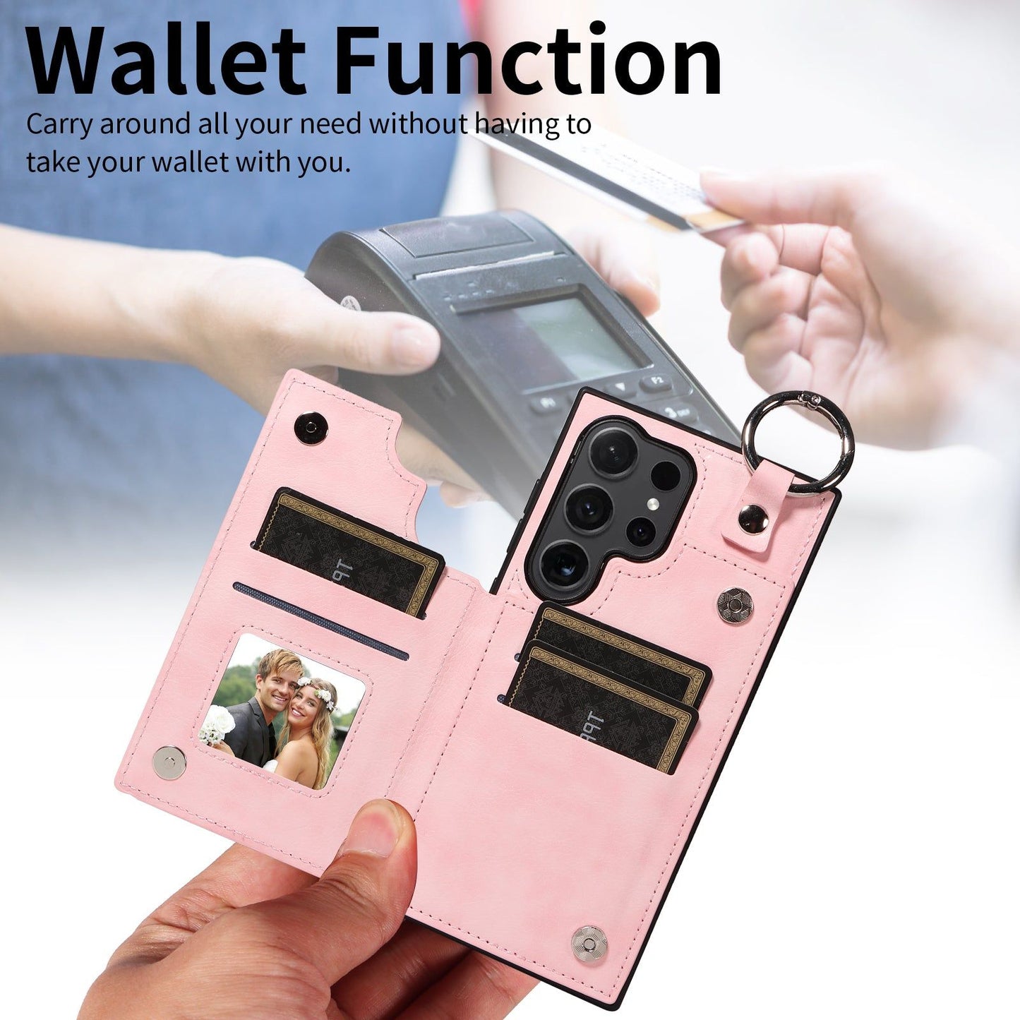 003 For Samsung Galaxy S24 Ultra Case Leather+TPU Phone Cover with Card Holder - Pink - UNIQKART