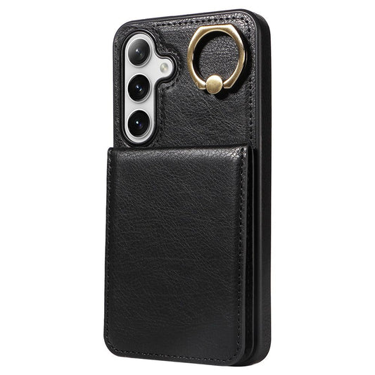004 For Samsung Galaxy S24 Case Magnetic PU Leather+TPU Litchi Texture Phone Shell with Ring Holder - Black - UNIQKART