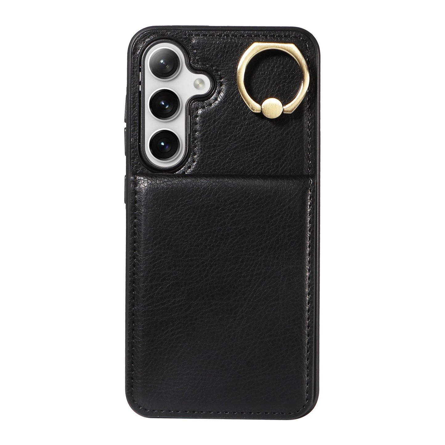 004 For Samsung Galaxy S24 Case Magnetic PU Leather+TPU Litchi Texture Phone Shell with Ring Holder - Black - UNIQKART