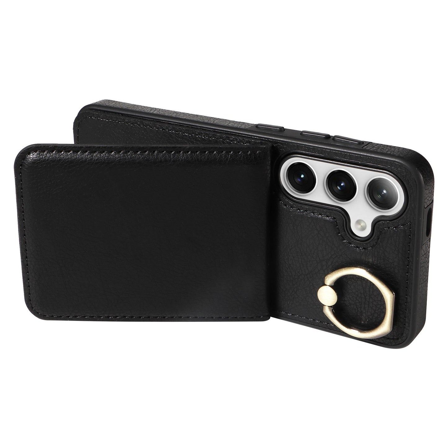 004 For Samsung Galaxy S24 Case Magnetic PU Leather+TPU Litchi Texture Phone Shell with Ring Holder - Black - UNIQKART