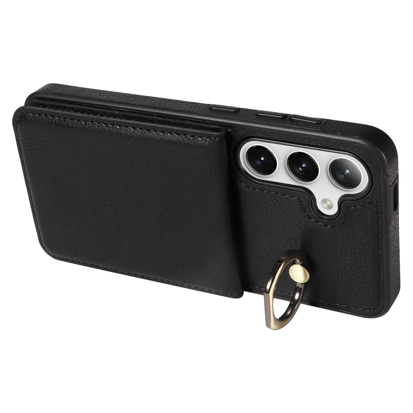 004 For Samsung Galaxy S24 Case Magnetic PU Leather+TPU Litchi Texture Phone Shell with Ring Holder - Black - UNIQKART