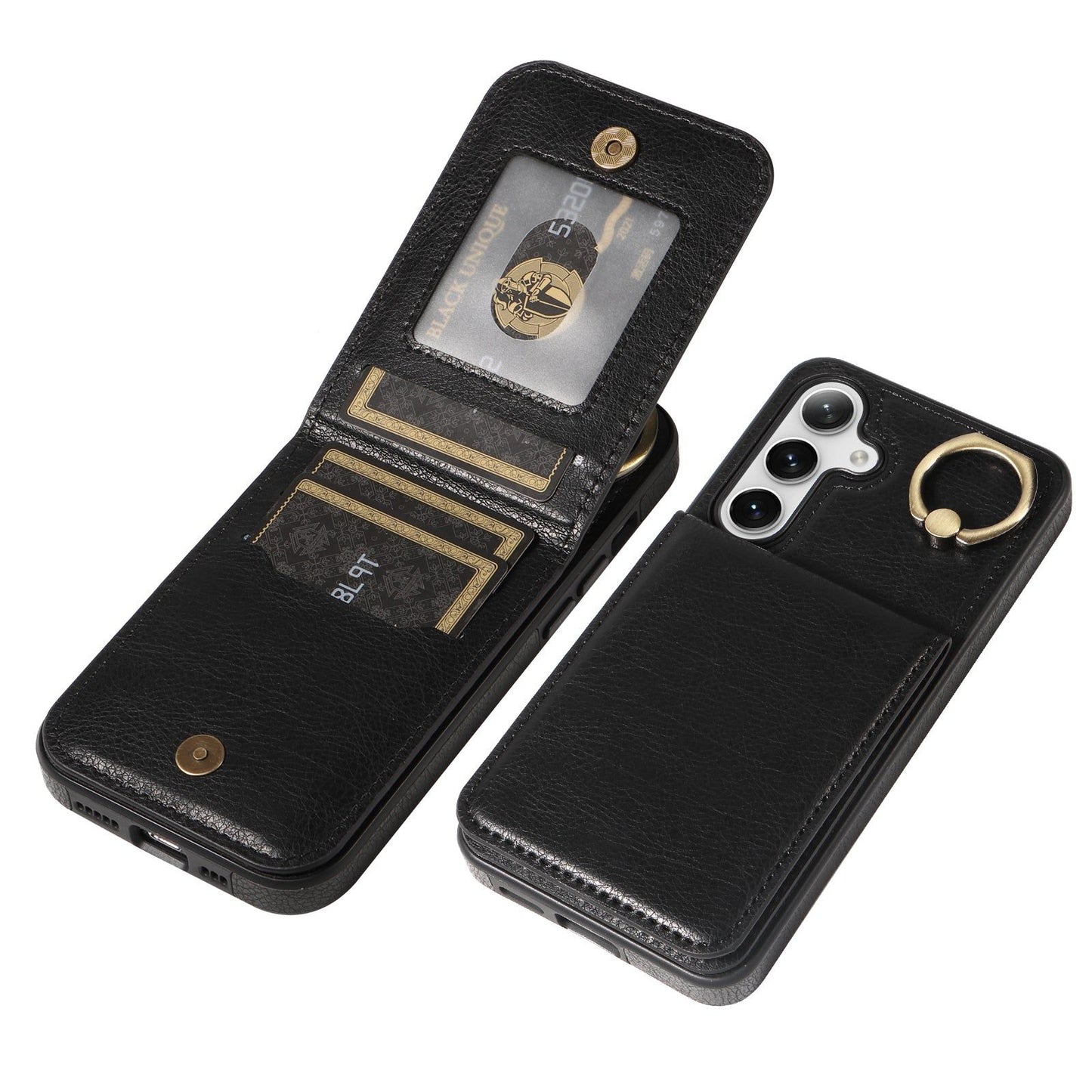 004 For Samsung Galaxy S24 Case Magnetic PU Leather+TPU Litchi Texture Phone Shell with Ring Holder - Black - UNIQKART