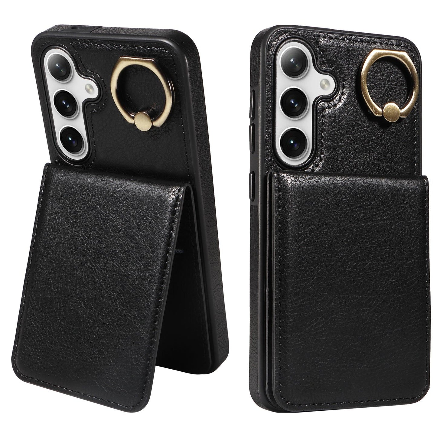 004 For Samsung Galaxy S24 Case Magnetic PU Leather+TPU Litchi Texture Phone Shell with Ring Holder - Black - UNIQKART