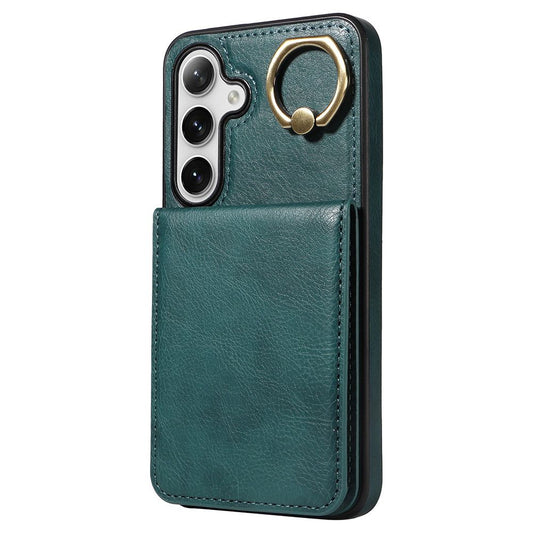 004 For Samsung Galaxy S24 Case Magnetic PU Leather+TPU Litchi Texture Phone Shell with Ring Holder - Green - UNIQKART