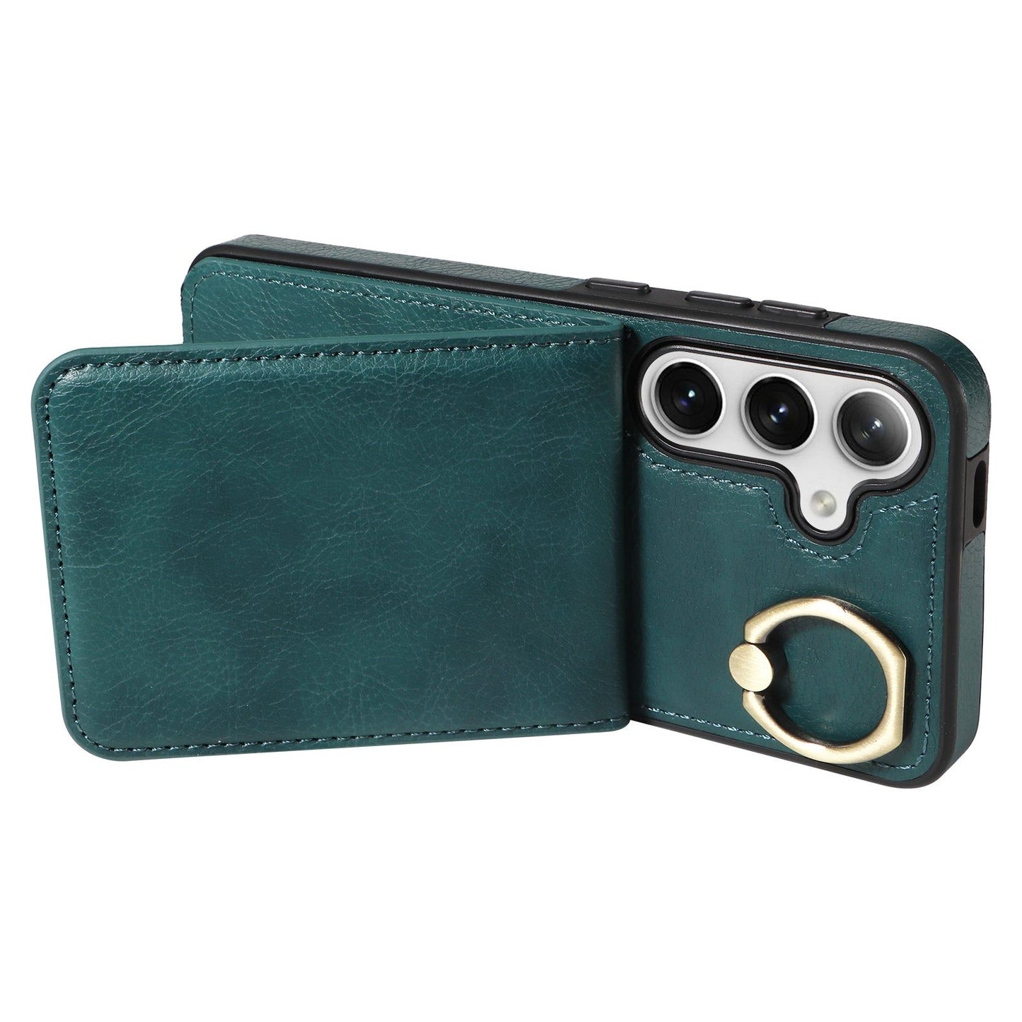 004 For Samsung Galaxy S24 Case Magnetic PU Leather+TPU Litchi Texture Phone Shell with Ring Holder - Green - UNIQKART